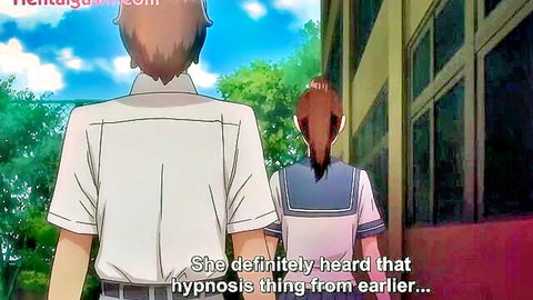 Hentai anime schoolgirl in uniform walks with boy, hypnosis app suspicion