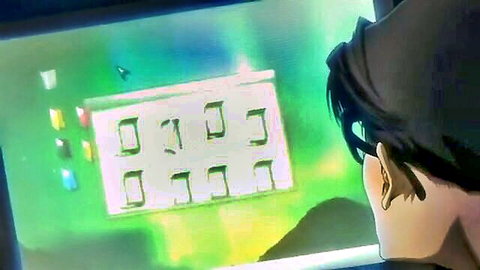 Anime hacker guy in profile views glowing green building screen on monitor