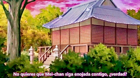 Anime scene of traditional Japanese lattice house at pink sunset with Mei-chan angry text overlay