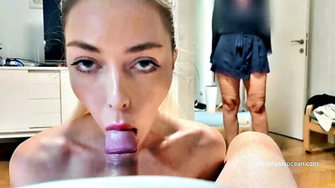 Blonde babe deepthroats purple dildo with thick cum dripping from her stretched mouth POV