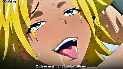 Blonde anime hentai girl with ahegao face begging for more dicks inside her