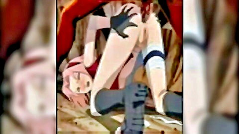 Hentai pink-haired girl in piledriver with black-gloved fist fucking her pussy