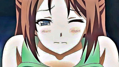 Blushing anime girl with long brown hair and blue eyes in green top, Hentai Kanojo episode 1