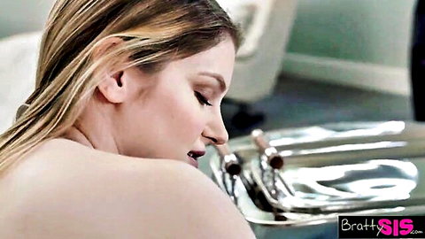 Nude curvy blonde with big ass bent over bathtub moaning with eyes closed