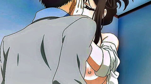 Hentai girl with glasses and navel piercing has huge tits exposed while passionately hugged from behind