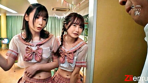 Two Japanese schoolgirls in sheer uniforms tease for threesome