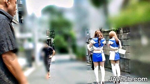 Reika Ichinose & Mio Ozora in blue cheerleader outfits, ass view from behind