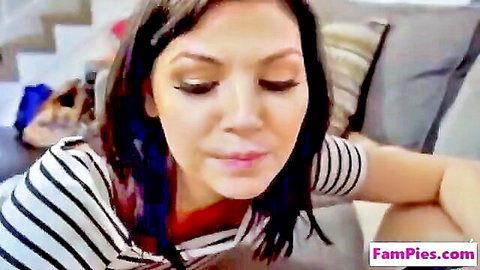 Seductive brunette woman in striped shirt close-up, stepdaughter in family taboo scene