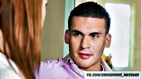 Redhead masseuse with cleavage flirts intensely with handsome muscular client in massage room
