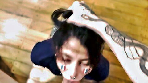 Tattooed hand yanks crying Asian girl's hair roughly in intense facefuck POV