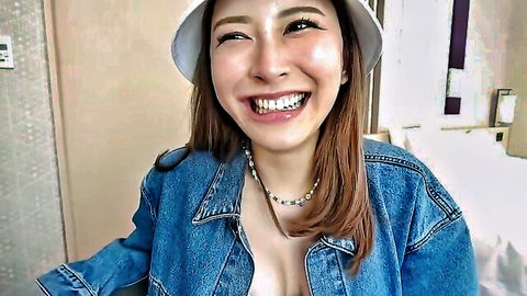 Anne smiling in open denim jacket showing deep cleavage, first amateur meetup