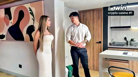Curvy big tits Latina in tight white dress stands sideways as suited man approaches from behind