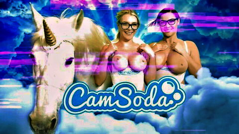 Busty topless blondes with big tits pose with unicorn in CamSoda promo