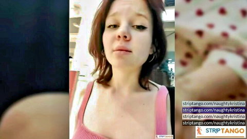 Young redhead woman in pink tank top for webcam chatroom invite