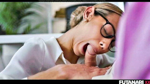 Veronica Leal gives blowjob to futanari dong on Stacy Cruz in office