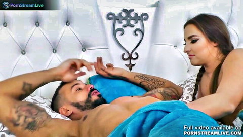 Amirah Adara teases tattooed hunk in sheer lingerie on bed, gonzo XXX