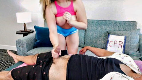 Pale teen Dolly Mattel in pink bra teases older guy's cock on sofa