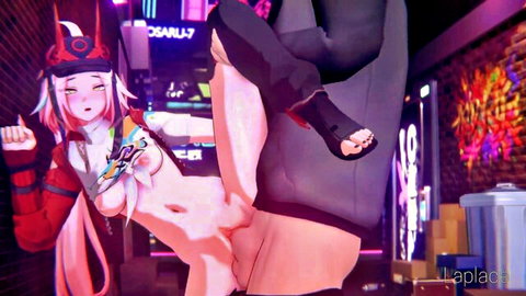 Pink-haired hentai girl with horns exposes small tits and shaved pussy in neon alley, near erect cock