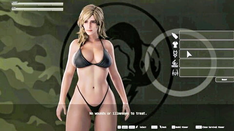3D animated blonde Eva in skimpy black bikini, standing pose tease