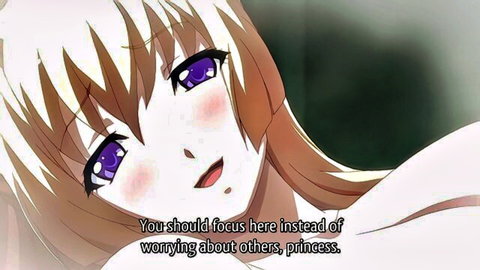 Blushing anime nun with purple eyes and orange hair from Kuroinu hentai