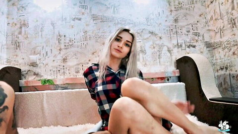 Belleniko blonde amateur teen in open plaid shirt teasing in POV setup