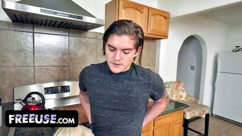 Blonde stepmom kneels sucking stepson's cock in kitchen freeuse
