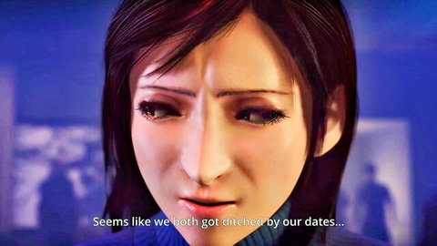 Tifa Lockhart sad after being ditched by date in blue outfit, Final Fantasy hentai style
