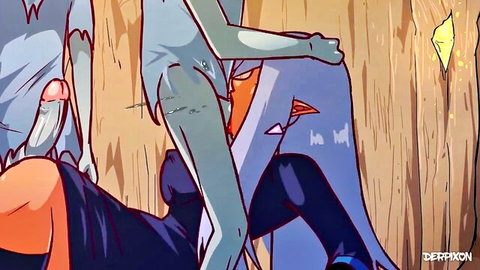 FandelTales animated scene: Orange-skinned demon girl in stockings penetrated vaginally from behind by white appendage, green zombie girl nearby