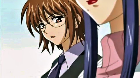 Anime hentai thumbnail: suited glasses boy and purple-haired girl close-up