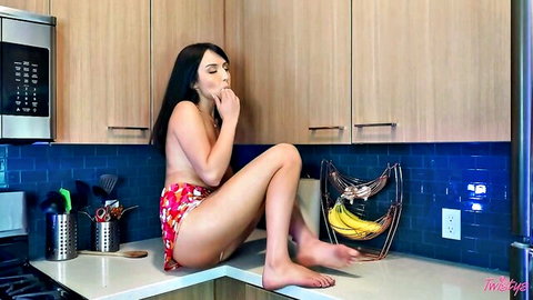 Jade Baker topless in steamy kitchen tease with floral skirt