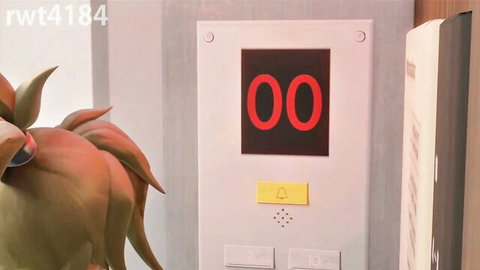 Green furry babe's plump naked ass stuck in elevator doors teasing pussy