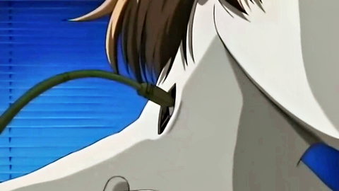 Anime girl with green cable plugged into neck port closeup in hentai scene