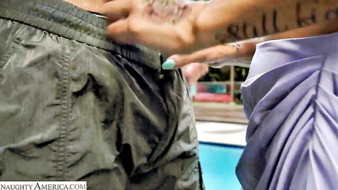 Wife's raunchy friend pulls down pants by pool for creampie tease