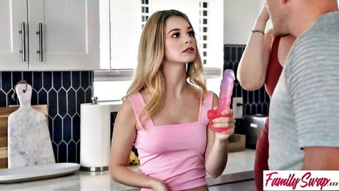 Molly Little holds pink dildo with Lauren Phillips in family swap kitchen tease
