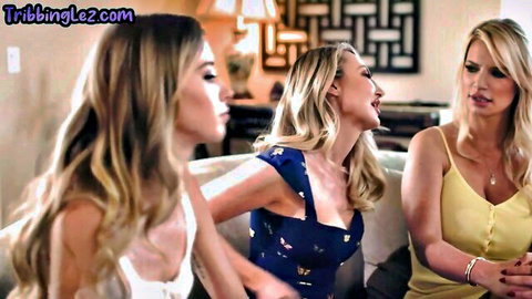 Three busty blonde women in dresses chatting intimately, preview for lesbian threesome fingering