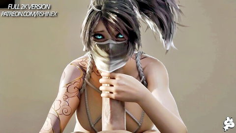 Masked fantasy babe with huge tits gripping massive sword between her cleavage