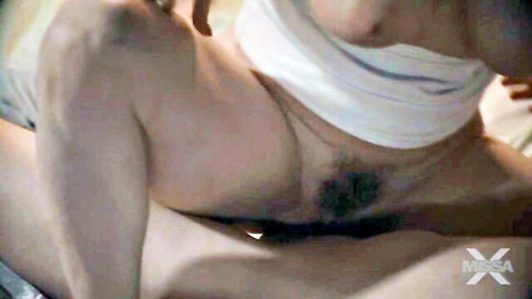 Blindfolded hairy man with bushy pubes straddled by woman's thighs in cowgirl tease