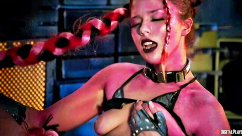 Pink-haired babe with black lips exposes her perky tits grabbing them in pink collar lingerie