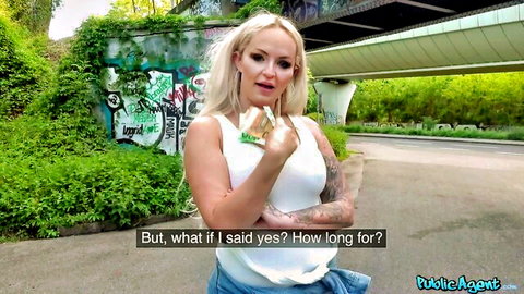Tattooed blonde amateur Louise Lee teases outdoors in Public Agent