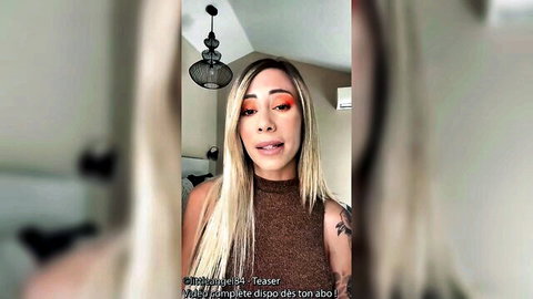 LittleAngel84 blonde with tattoos in brown top, seductive tease