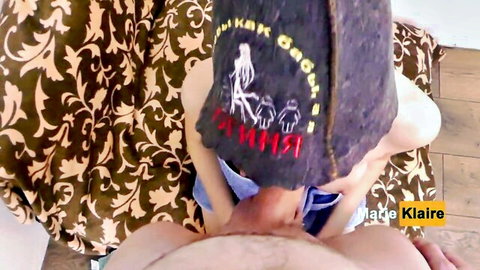 POV blowjob of brunette Russian teen in hat sucking big hard cock deeply