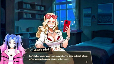 Joystick Juno in sexy lingerie teasing with blue-haired futa in game