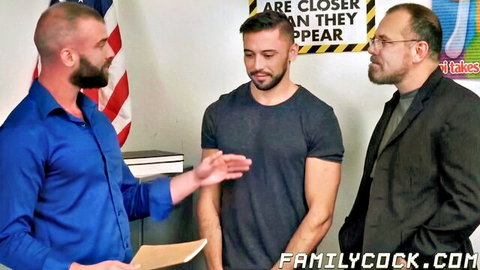 Bearded teacher in intense gay threesome with student and stepdad