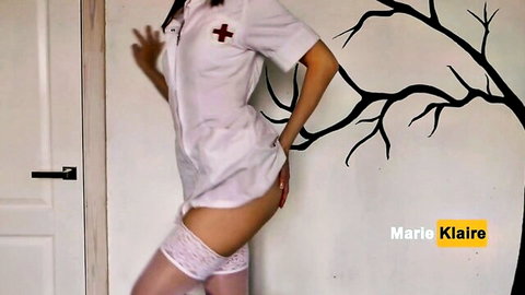 Sexy nurse in white uniform and lace stockings teases ass during corona quarantine