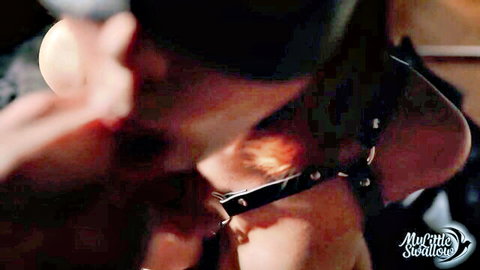 My Little Swallow in BDSM collar, submissive mouth play with master
