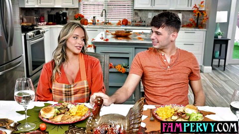Armani Black as sexy MILF in Thanksgiving apron with partner at dinner