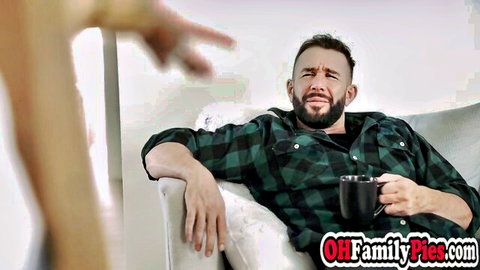 Surprised stepdad with stepdaughter's hand on crotch in naughty trick