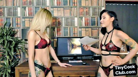 Tattooed babes in sexy lingerie humiliate tiny cock on computer screen in library