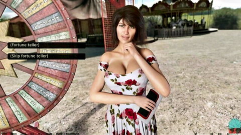 Busty brunette fortune teller in low-cut floral dress showing huge cleavage at carnival