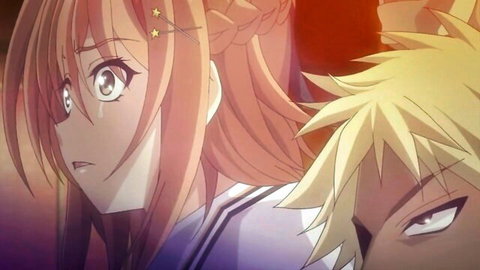 Anime girl with orange braids in sailor uniform looks teary-eyed as blonde guy stares intensely behind her